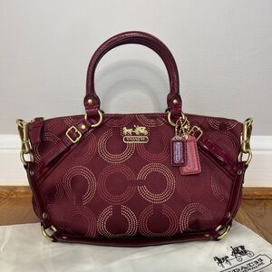 Coach Madison Burgundy Jacquard Satchel w/ Patent Leather Trim Strap & Dust Bag